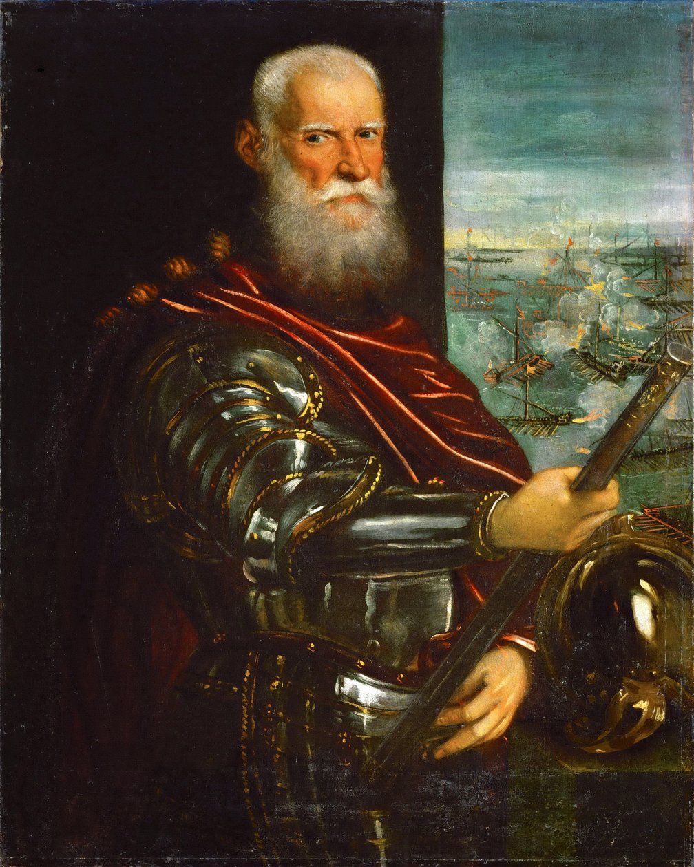 Sebastiano Venier (1496-1578), a háttérben a lepantói csatával - Jacopo Tintoretto (1518-1594). Olaj, vászon, 1571 után. Mérete : 104,5x83,5 cm. Művészettörténeti Múzeum, Vienne alkotó: Jacopo Robusti Tintoretto