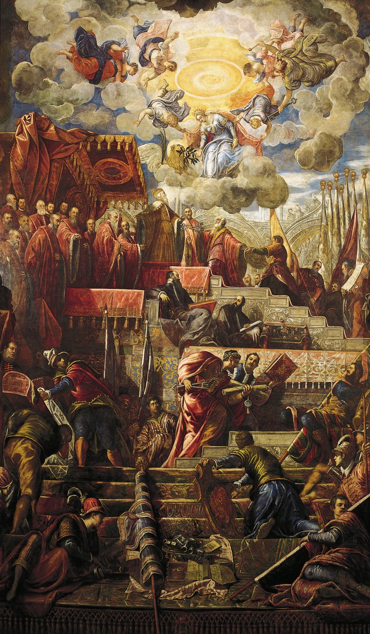 A Doge Niccolo da Ponte olajágat kap Velencéből, Jacopo Robusti, a Tintoretto néven ismert (1518-1594), Detail, Sala del Maggior Consiglio (a Nagy Tanács terme), Palazzo Ducale, Velence alkotó: Jacopo Robusti Tintoretto