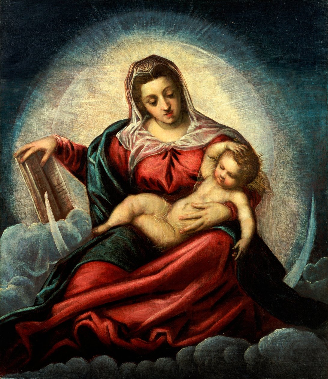 Madonna és gyermek egy mandorlában a félholdon és a felhőkön, a bölcsesség könyvével alkotó: Jacopo Robusti Tintoretto