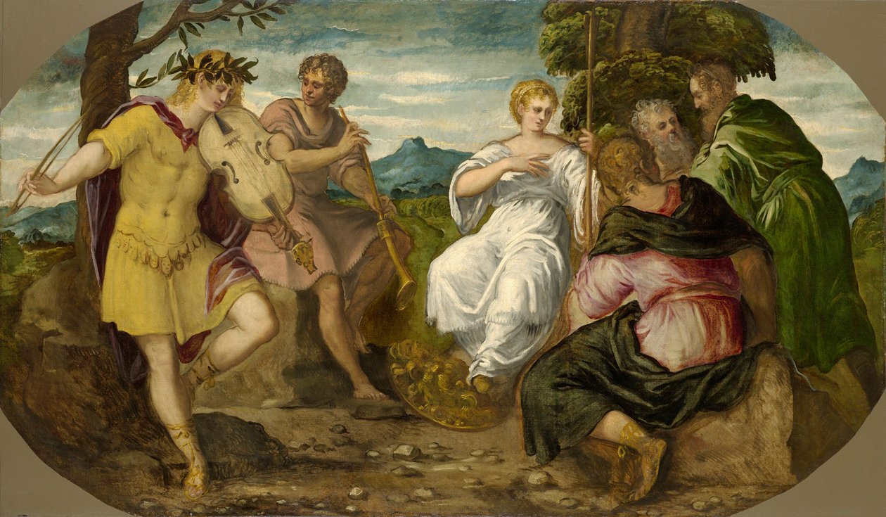 A zenei verseny Apollo és Marsyas között, 1545 körül. alkotó: Jacopo Robusti Tintoretto