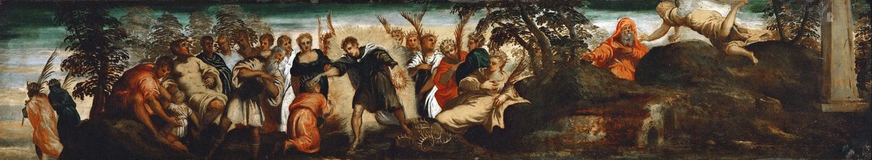 A jóslat Dávidnak – Jacopo Tintoretto (1518-1594). Olaj, fa, kb 1545. Mérete: 29x153,5 cm. Művészettörténeti Múzeum, Vienne alkotó: Jacopo Robusti Tintoretto