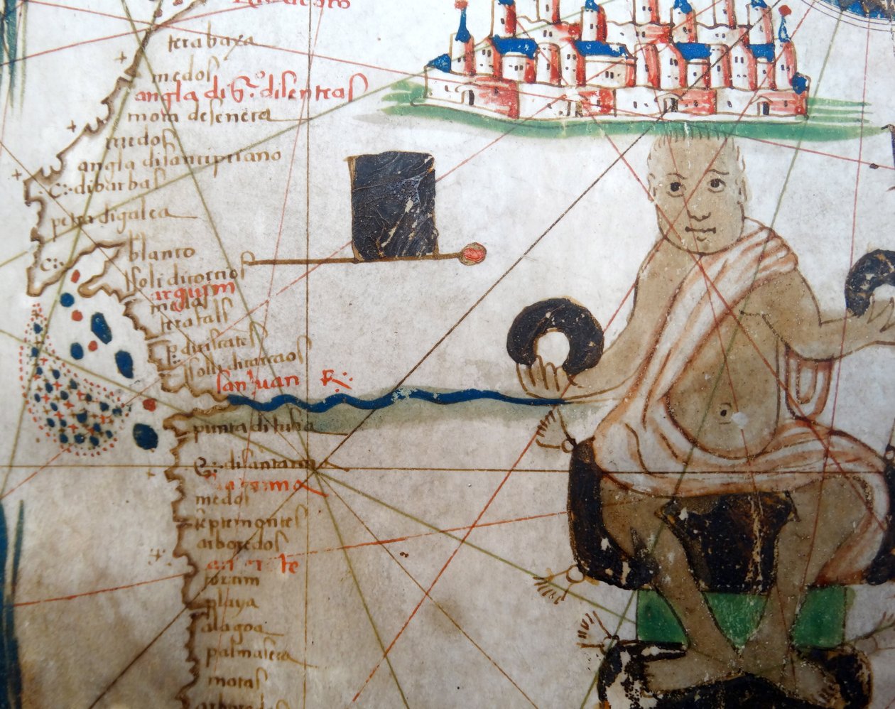 Részlet egy afrikai uralkodót ábrázol Európa reneszánsz térképéről, Jacopo Russo (utána), 1528 alkotó: Jacopo Russo