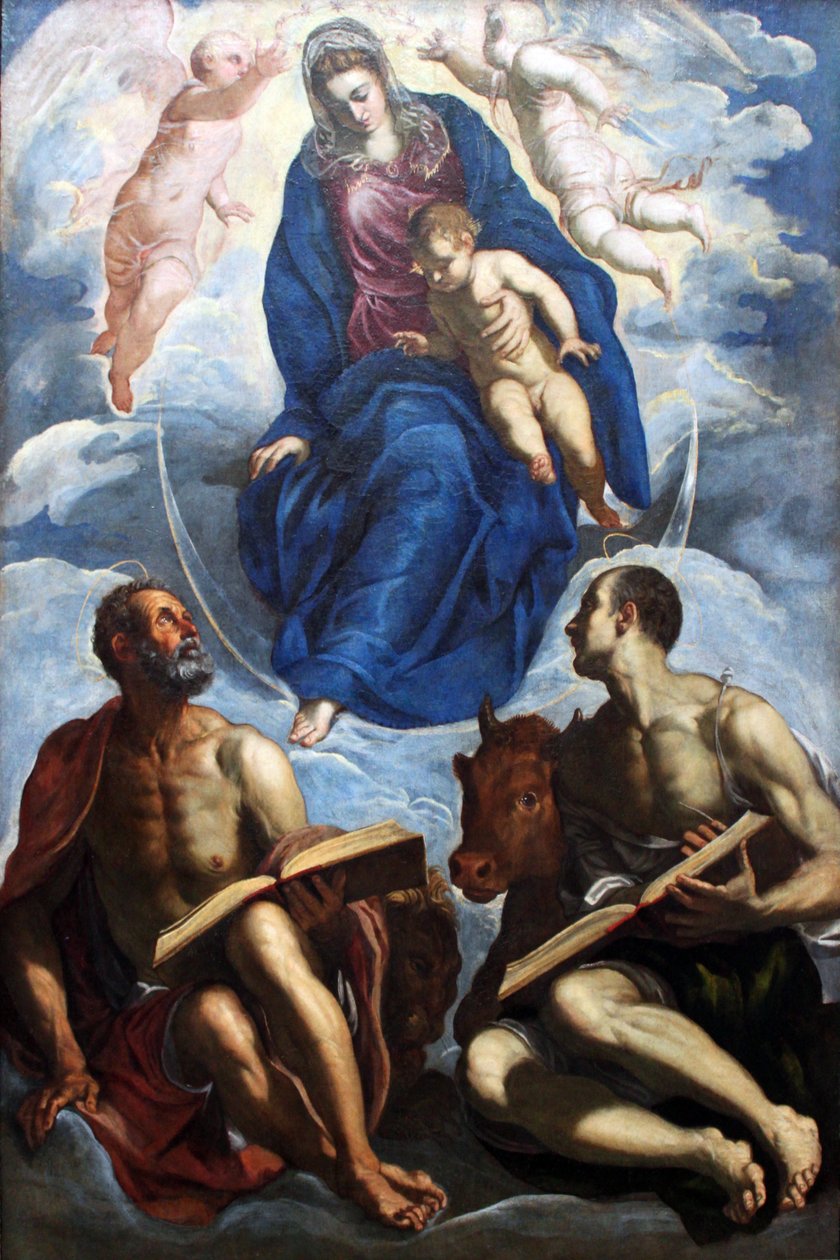 Mária a gyermekkel, akit Márk és Lukács evangélisták imádtak alkotó: Jacopo Robusti Tintoretto