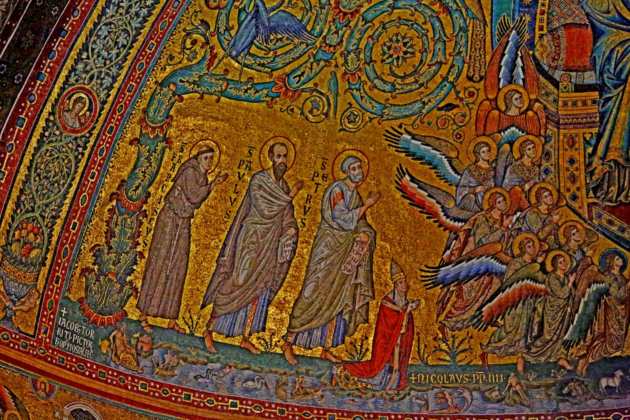 Szent Ferenc, Szent Pál, Szent Péter, IV. Miklós pápa és a Szűzanya koronázásán részt vevő angyalok, apszis, 1290 körüli mozaik alkotó: Jacopo Torriti