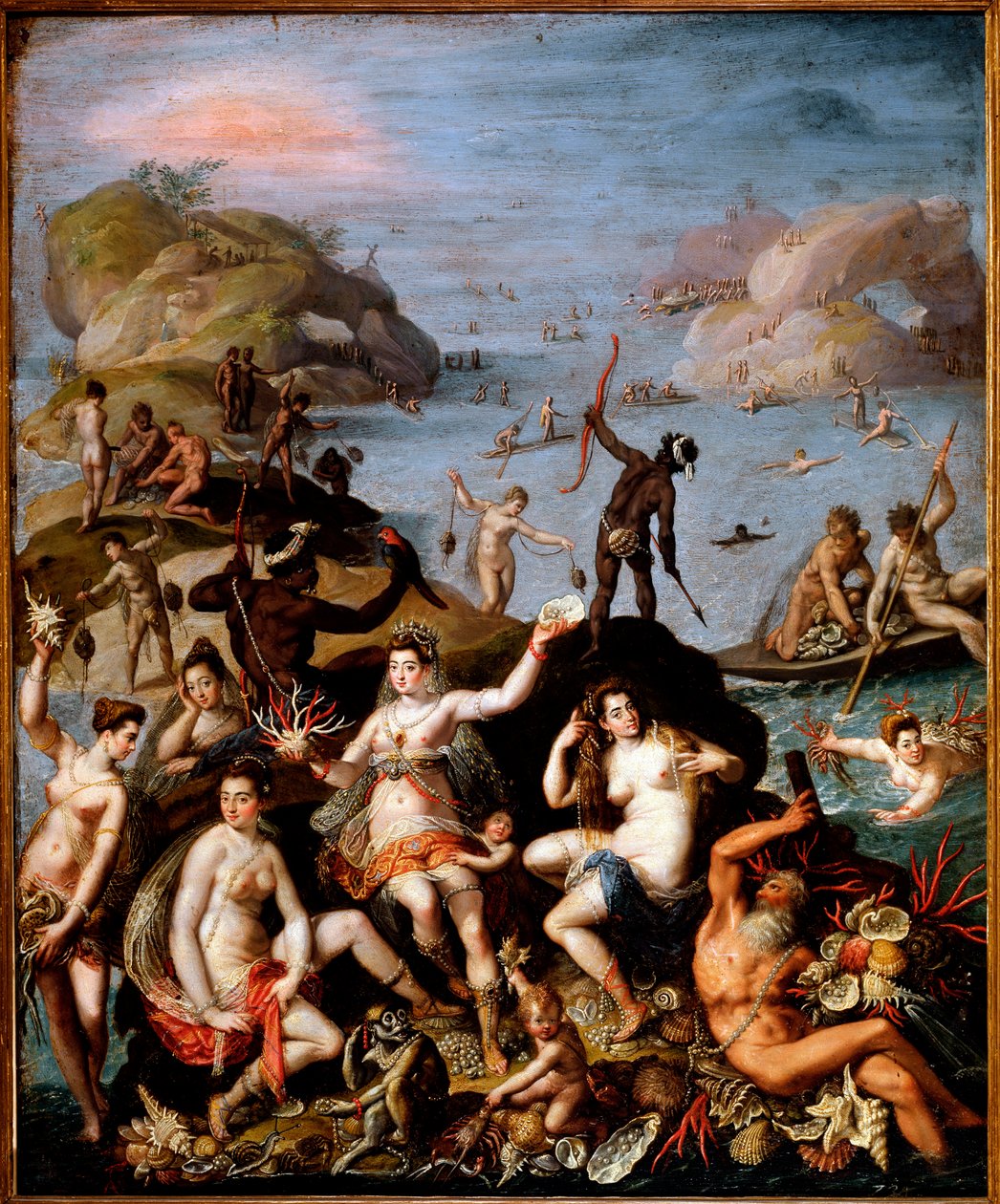 Korallhalászat Az Újvilág felfedezésének allegorikus ábrázolása. Vízi és indiai nimfák a tenger gazdagságával, korallokkal, gyöngyházzal. Jacopo Zucchi (1551-1589) festménye 1585 kb. Homályos. 55 x 45 cm Róma, galleria Borghese alkotó: Jacopo Zucchi