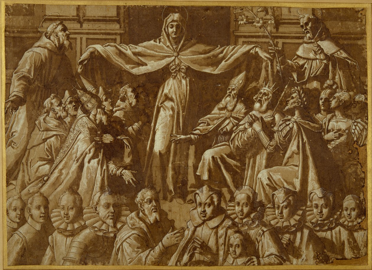 A Madonna della Misericordia St. Ferenc és Domonkos, más szentekkel és uralkodókkal, valamint egy adományozó családdal (toll és barna tinta mosással és fehér testszín a papíron) alkotó: Jacopo Zucchi