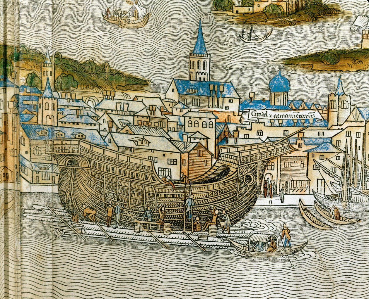 Gálya építése egy velencei hajógyárban, a Peregrinatio in Terram Sanctam című, először 1486-ban latinul kinyomtatott műből... (fametszet). alkotó: Jacopo de