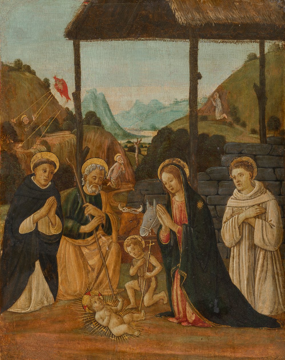 Anbetung des Kindes in Anwesenheit des Johannesknaben und der Heiligen Dominikus und Bernhard von Clairvaux alkotó: Jacopo del Sellaio