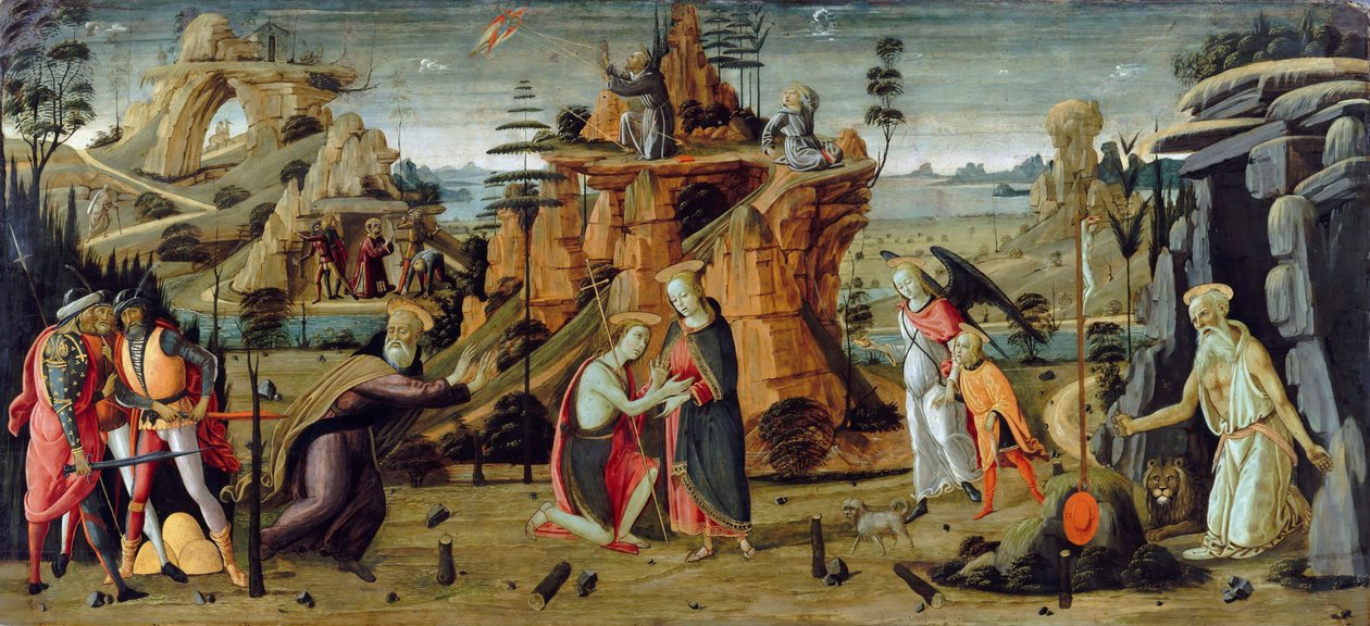 Táj bibliai jelenetekkel és a szentek legendáival alkotó: Jacopo del Sellaio
