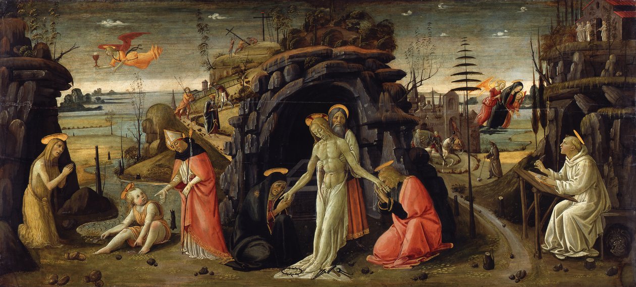 Tájkép bibliai jelenetekkel és szentlegendák jeleneteivel alkotó: Jacopo del Sellaio