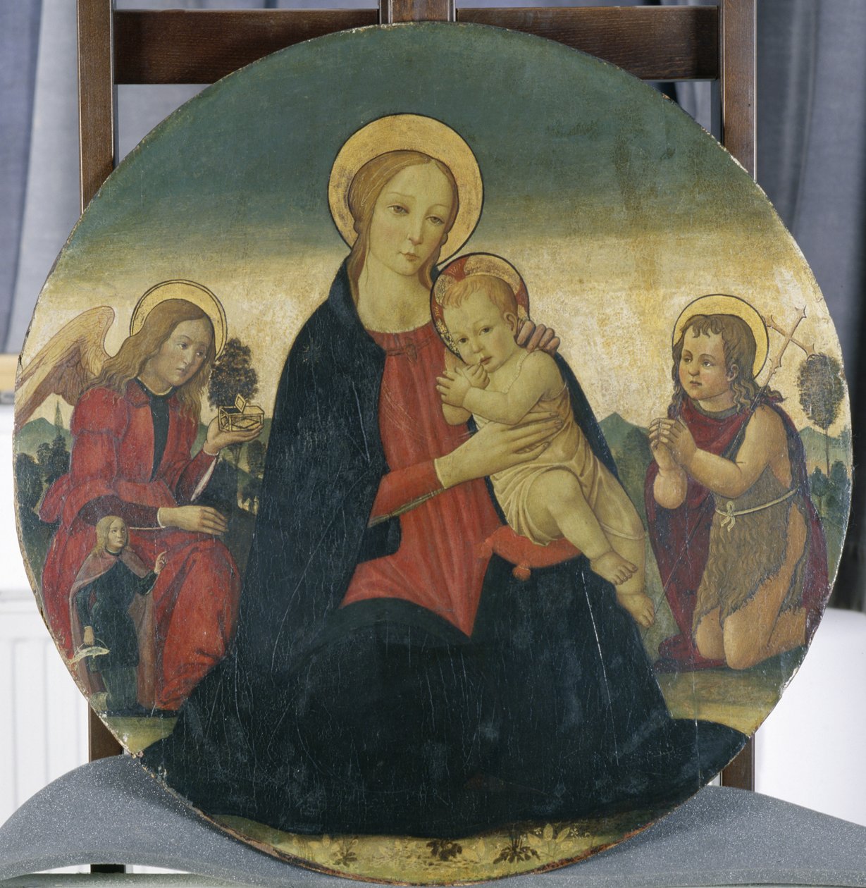 Madonna és gyermek Rafael arkangyallal és Szent Jánossal, 1490 körül (tempera nyárfán) alkotó: Jacopo del Sellaio