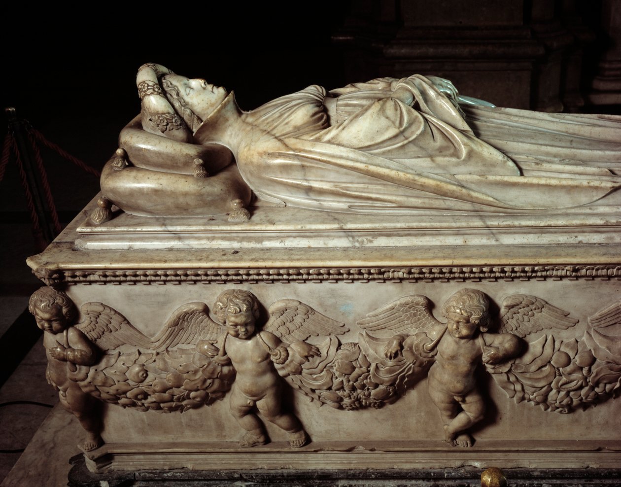 Hazudik Ilaria del Carretto (1379-1405), Paolo Guinigi (1376-1432) olasz politikus felesége (Ilaria del Carretto temetési emlékműve, Paolo Guinigi felesége) Jacopo della Quercia márványszobra (1371 / 74-1438-1) 1407 Lucca (Lucca), Cathedrale San alkotó: Jacopo della Quercia