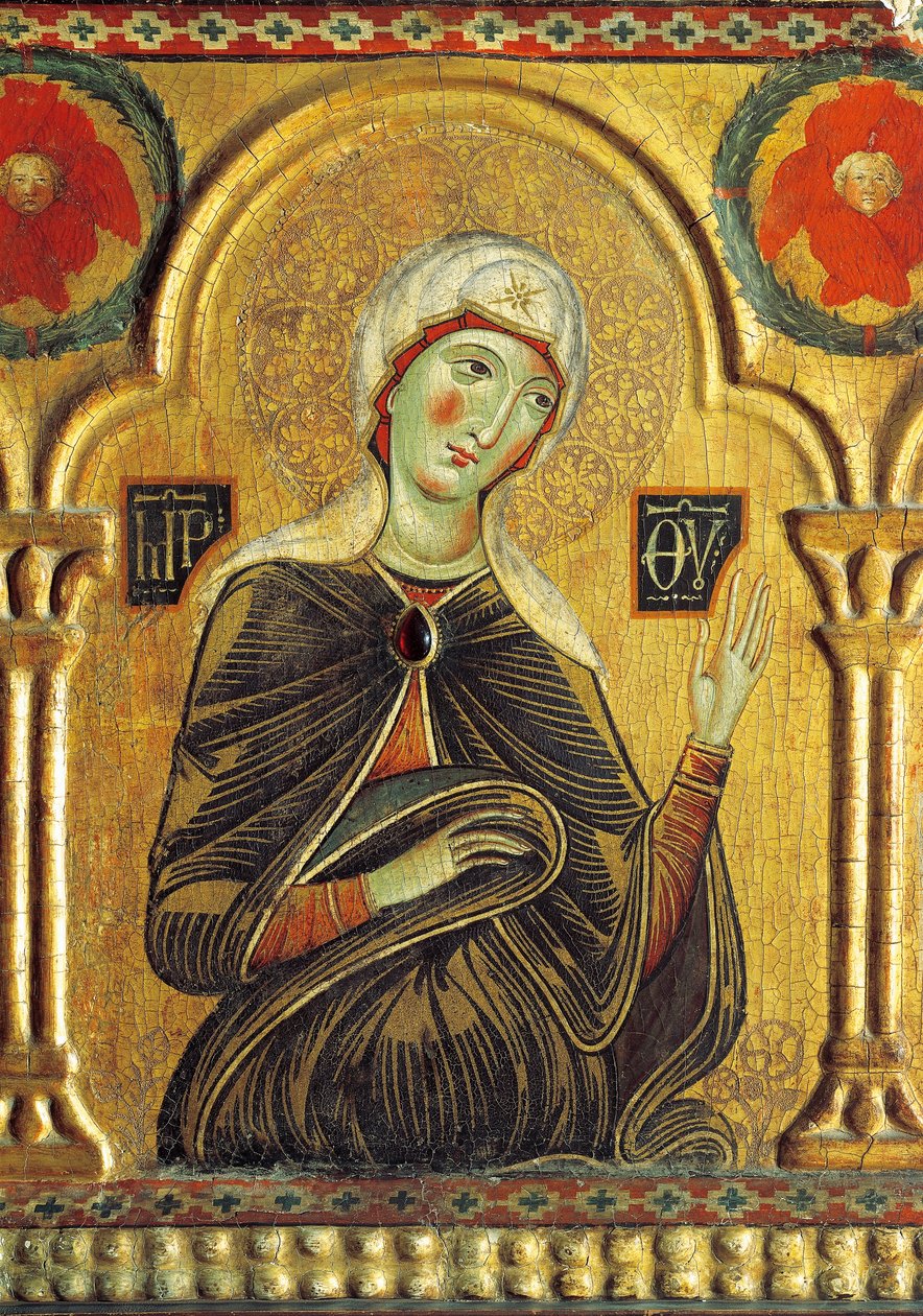 Mária-alak, Megváltó Madonnával és három szenttel, Meliore Toscano vagy Meliore di Jacopo (kb. 1255-1285), tempera és arany táblán, 85x210 cm alkotó: Jacopo di Meliore