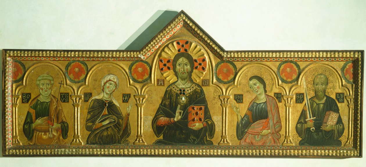 A Megváltó Madonnával és három szenttel, Meliore Toscano vagy Meliore di Jacopo (kb. 1255-1285), tempera és arany táblán, 85x210 cm, Részlet alkotó: Jacopo di Meliore