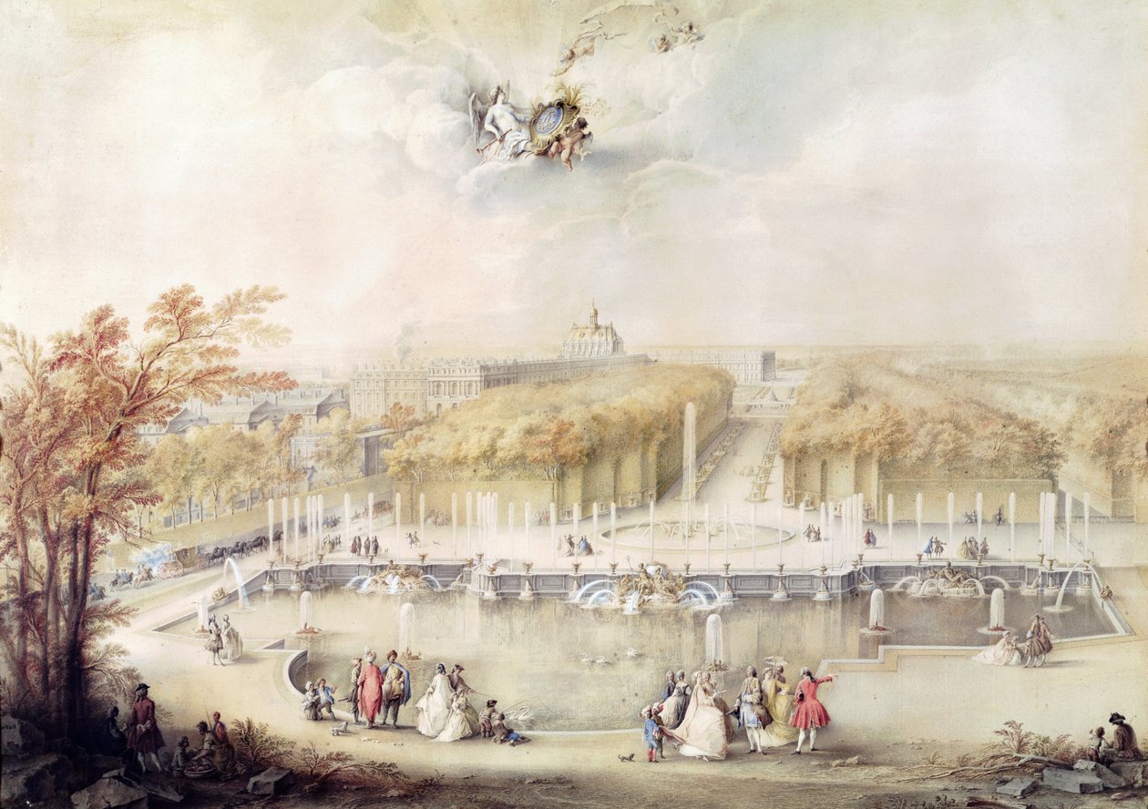 Kilátás a kertekre és a versailles-i kastélyra a Neptun-kútról (guache) alkotó: Jacqes Andre Portail