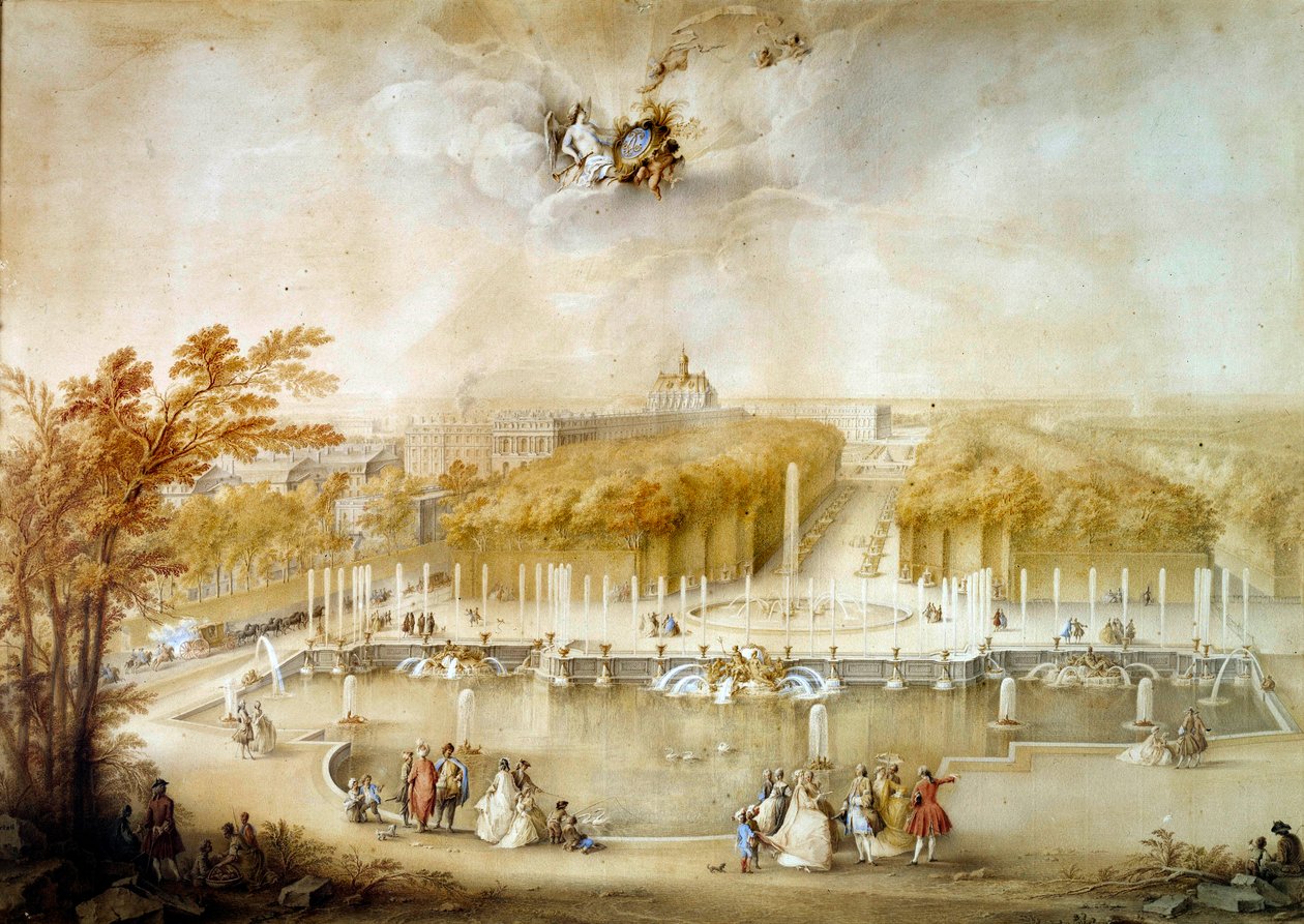 A kertek és a parterres du Nord, valamint a versailles-i kastély perspektivikus képe a Neptunusz-medencéből. Jacques Andre Porte a la gouache festménye (1695-1759) V. 0,51x0,72 m Versailles, a kastély környéke alkotó: Jacqes Andre Portail