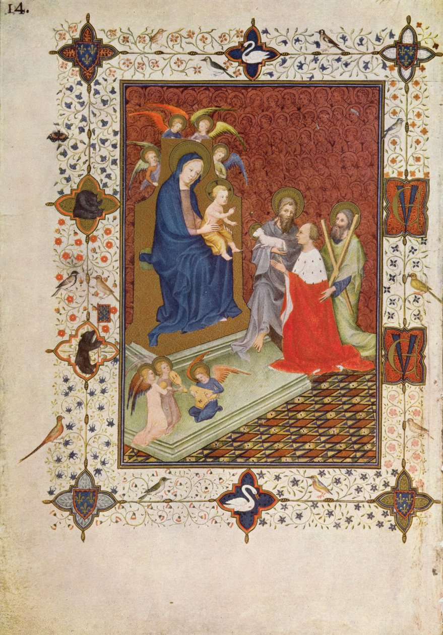 MS 11060-11061 Előlap, amelyen János, Duc de Berry, Szent András és Szent János imádkoznak a Szűzanya előtt, francia, a "Tres Riches Heures du Duc de Berry" című kötetből. alkotó: Jacquemart de Hesdin