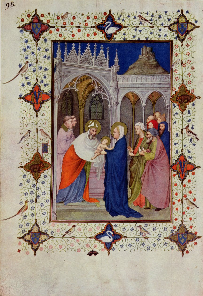 MS 11060-11061 Notre-Dame-i órák: Nincs, A templomban való bemutatás, a "Tres Riches Heures du Duc de Berry" című kötetből. alkotó: Jacquemart de Hesdin
