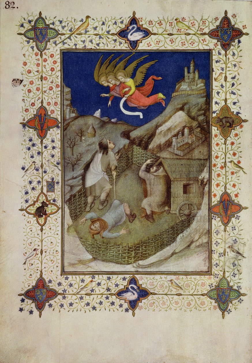 MS 11060-11061 Notre Dame órái: Tierce, A pásztoroknak megjelenő angyalok a „Tres Riches Heures duc de Berry”-ből alkotó: Jacquemart de Hesdin