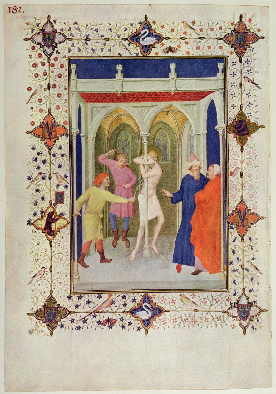 MS 11060-11061 Kereszt órái: Tierce, Krisztus korbácsolása, a „Tres Riches Heures duc de Berry”-ből alkotó: Jacquemart de Hesdin