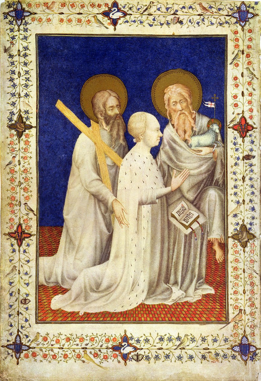 MS 11060-11061 John, Duc de Berry térden állva St. Andrew és St. John között, francia, a „Tres Riches Heures duc de Berry”-ből alkotó: Jacquemart de Hesdin