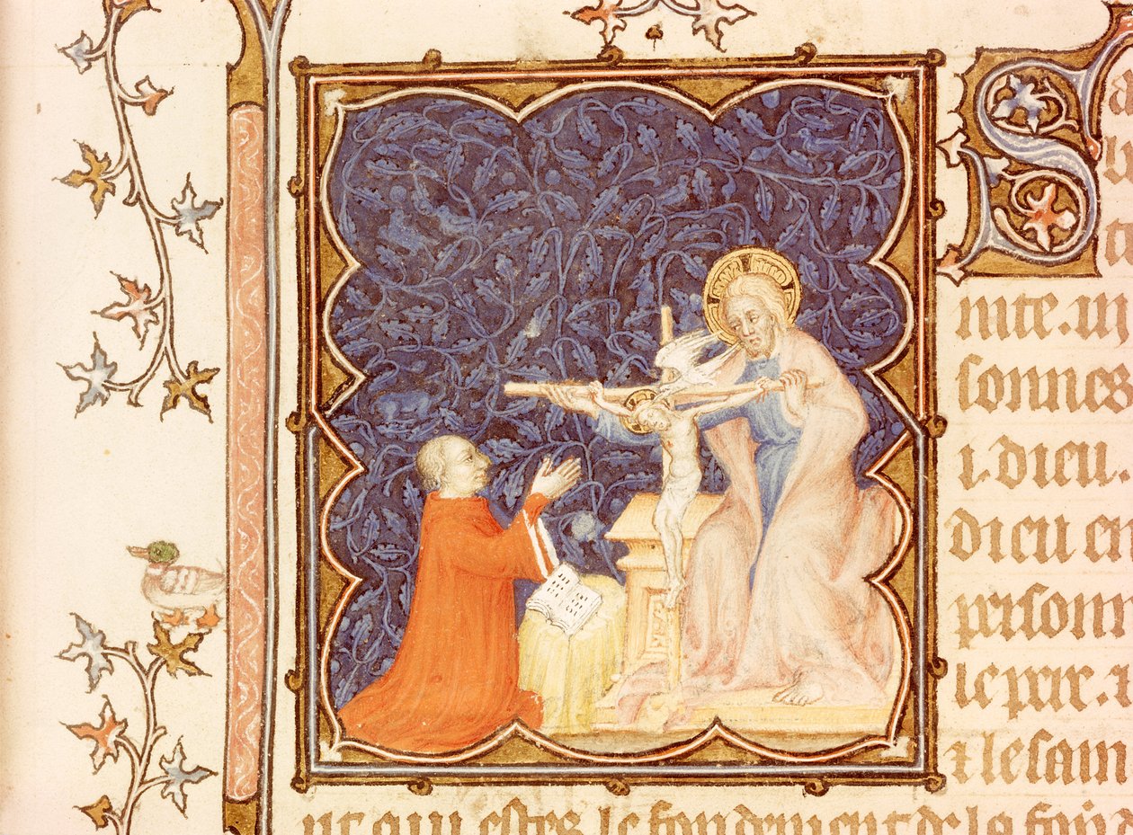 Ms Lat 18014 Jean de France (1340-1416) Berry hercege imádkozik a keresztre feszített Jézus előtt, a Les Petites Heures de Duc de Berry-től, 1385-90 körül alkotó: Jacquemart de Hesdin