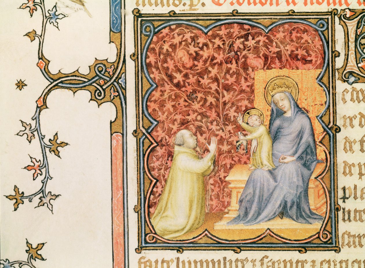 Ms Lat 18014 Jean de France (1340-1416) Berry hercege imádkozik a Szűzanya és a gyermek előtt, a Les Petites Heures de Duc de Berry-ból, 1385-90 körül. alkotó: Jacquemart de Hesdin