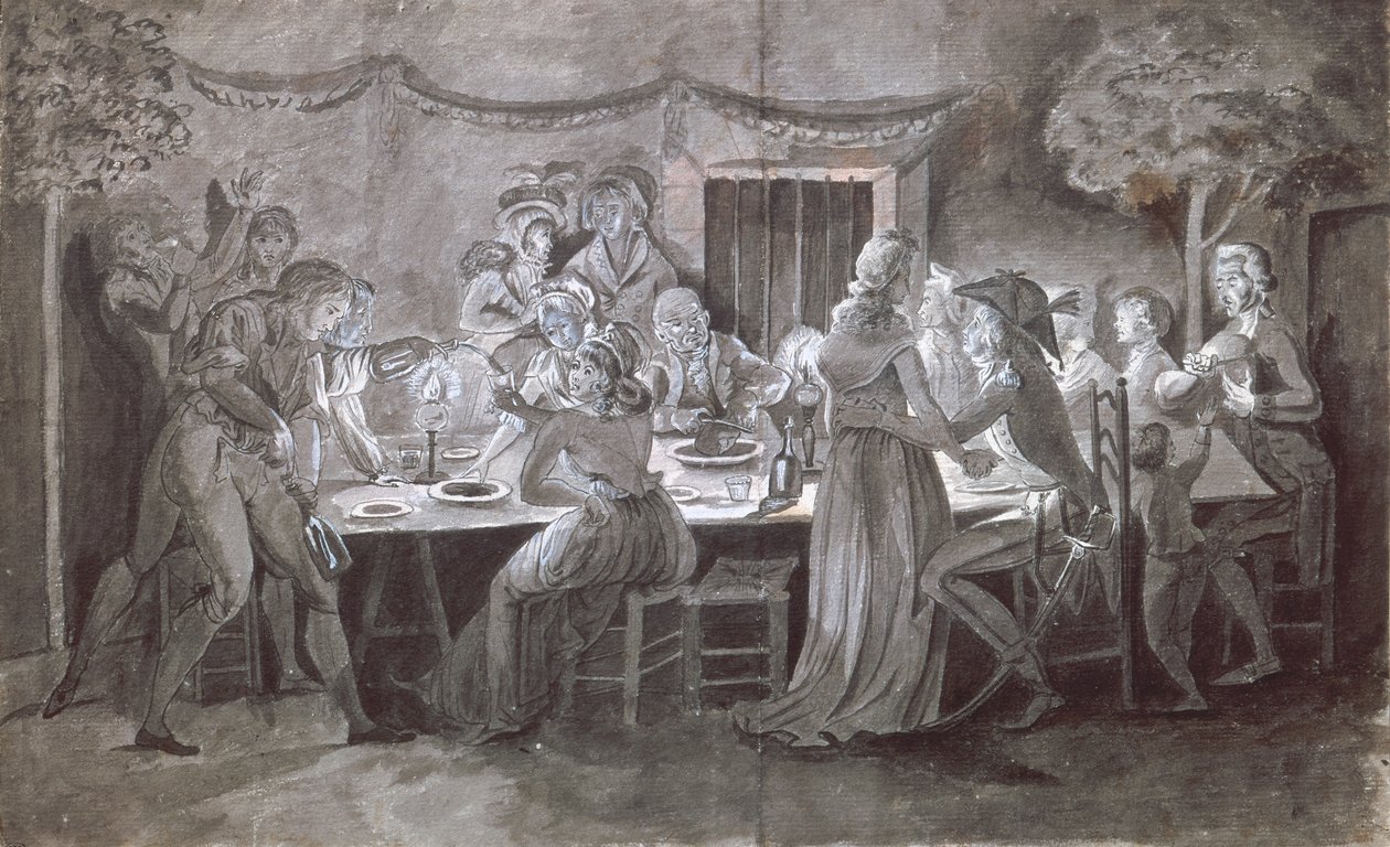 Esti esküvői vacsora (toll, tinta és gouache papíron) alkotó: Jacques Bertaux