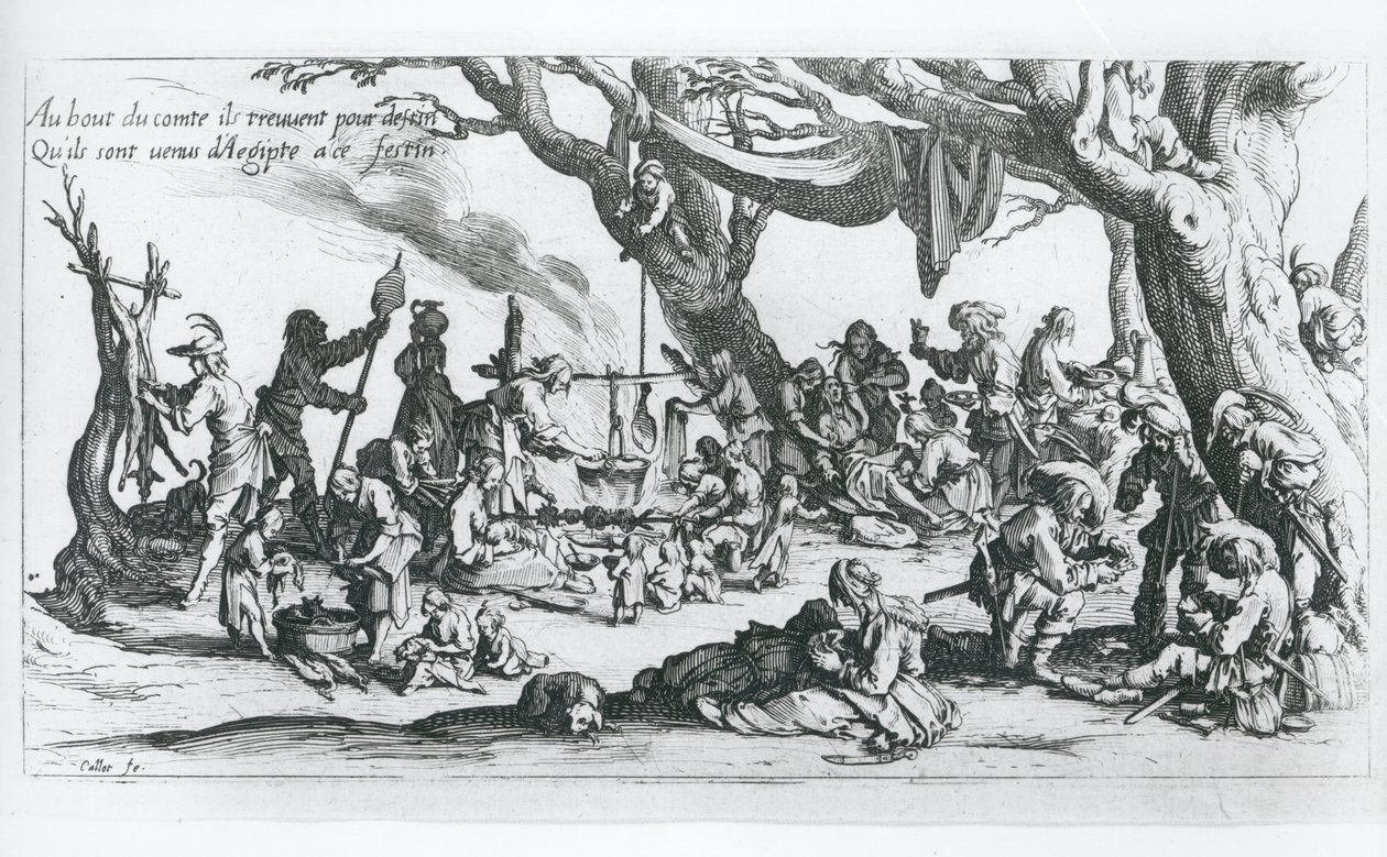 Születés egy cigánytáborban (metszet) alkotó: Jacques Callot