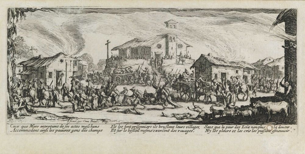 Falu kifosztása és felégetése Les miseres et les mal-heures de la guerre, pl. 7 alkotó: Jacques Callot