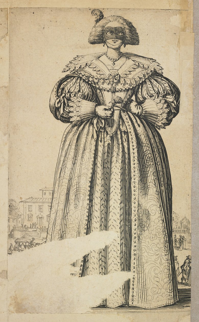 Álarcos nemes nő, a La Noblesse de Lorraine-ból (verso), 1620-23 alkotó: Jacques Callot