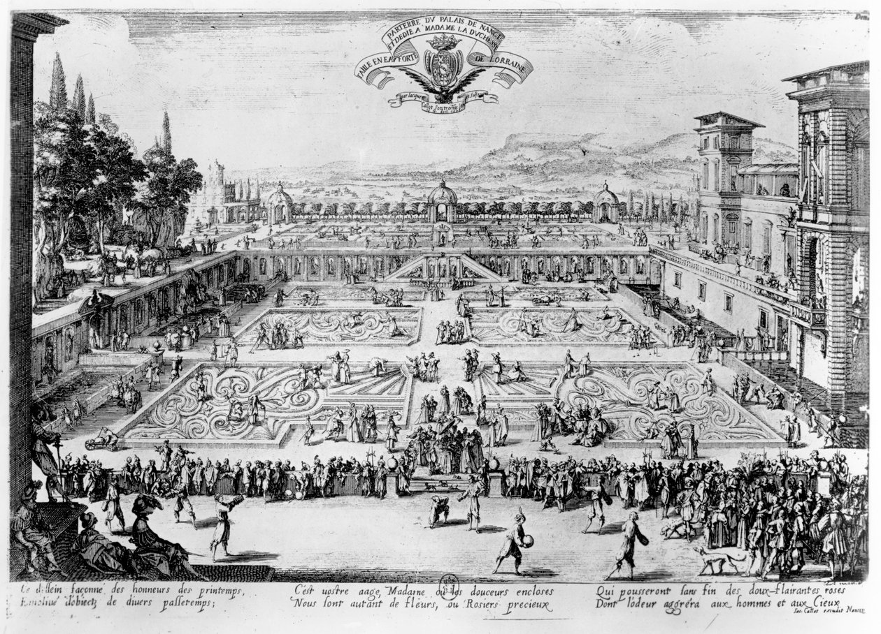 A Palais de Nancy kertje, Lotaringia hercegnőjének szentelve, 1624 alkotó: Jacques Callot