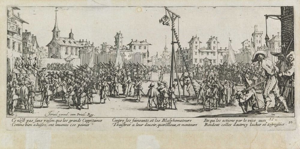 A szíjtárcsa kínzása Les miseres et les mal-heures de la guerre, pl. 10 alkotó: Jacques Callot