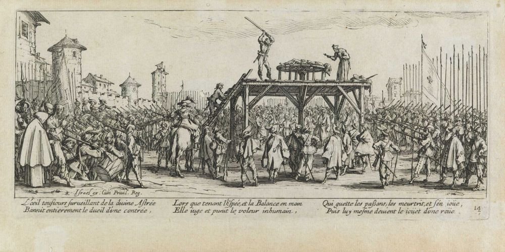 A kerék kínzása Les miseres et les mal-heures de la guerre, pl. 14 alkotó: Jacques Callot