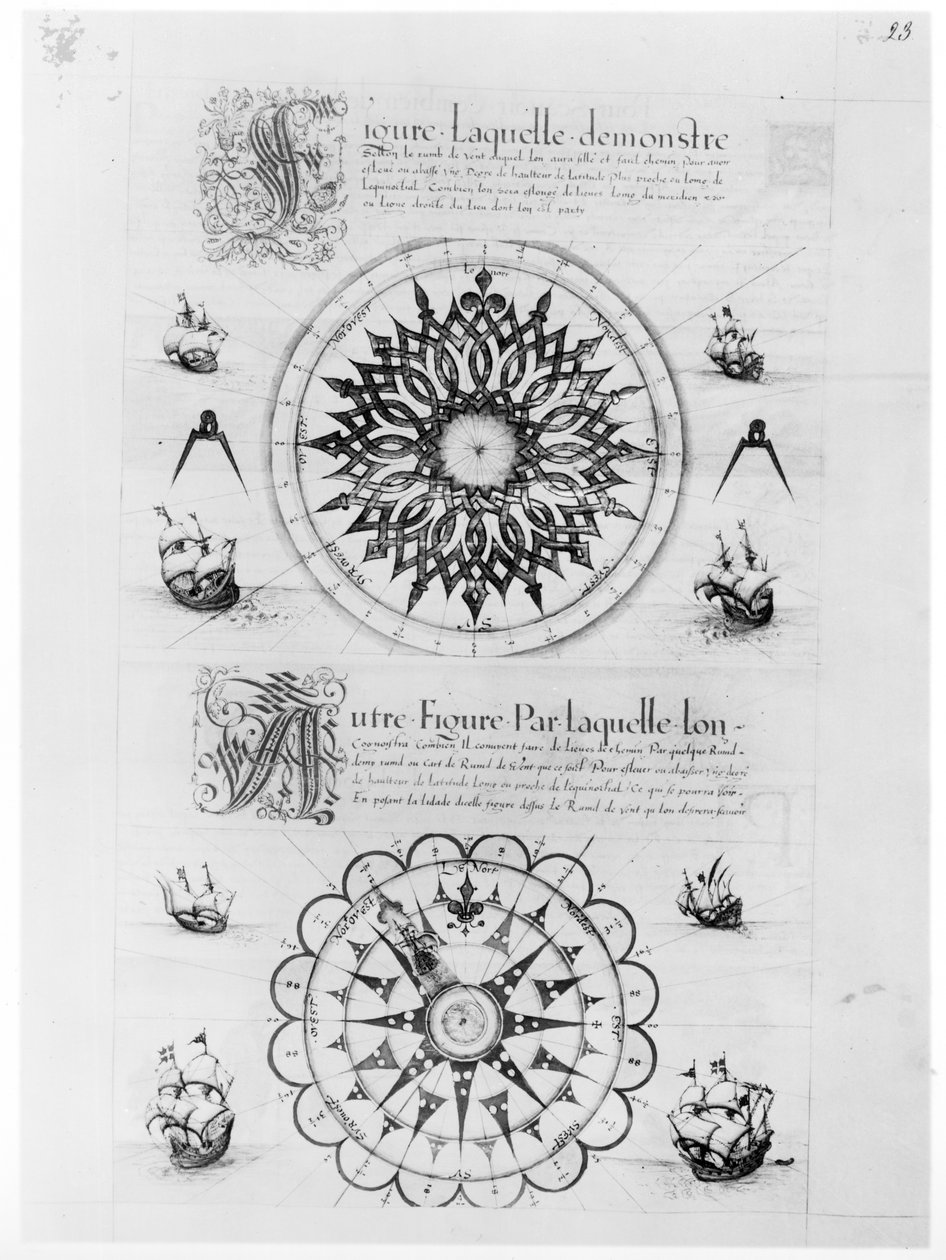 Ms Fr 150 fol.23r Sextant, a „Les Premieres Oeuvres de Jacques De Vaulx Pilote en la Marine” című művéből, 1583 (toll és tinta, mosás papíron) alkotó: Jacques Devaulx