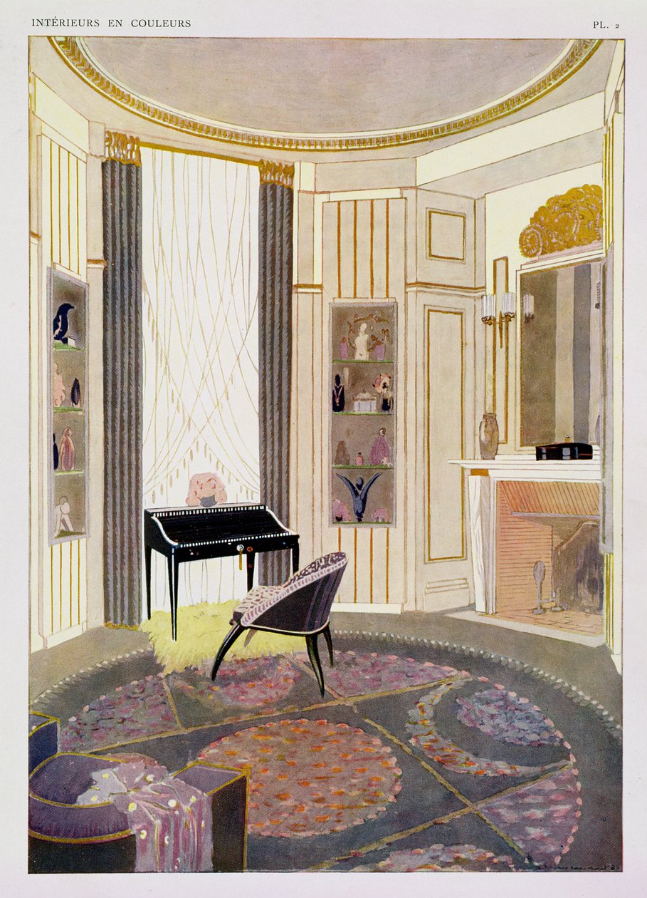Belső tér Ruhlmann által tervezett bútorokkal, Albert Levy 4 kötetben kiadott grafikai gyűjteményéből, 1924-26 körül (pochoir print) alkotó: Jacques Emile Ruhlmann