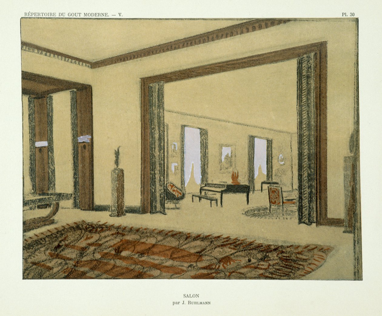 Szalon, a „Modern ízlés repertoárja” című kiadványból, 1929-ben alkotó: Jacques Emile Ruhlmann