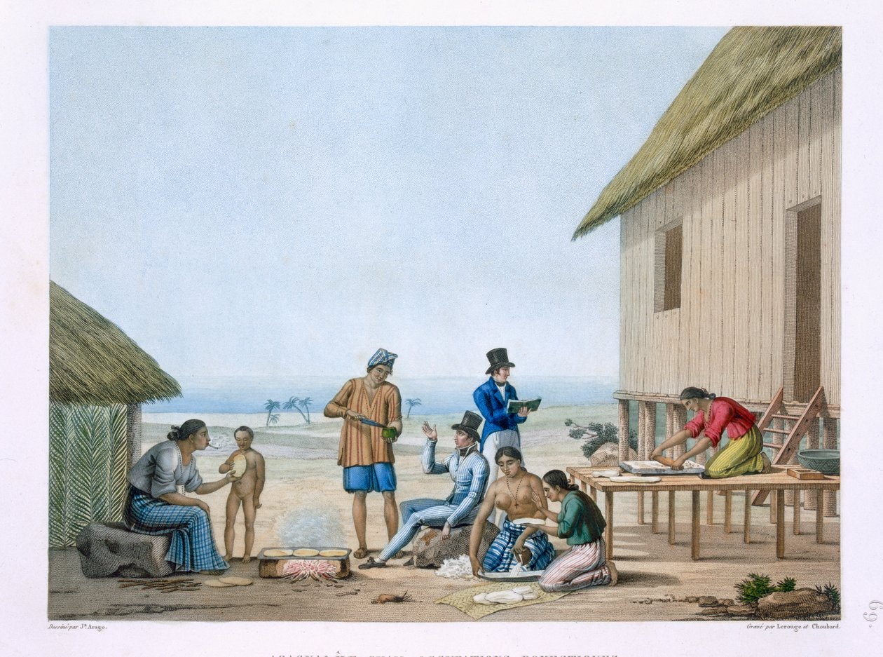 Háztartási foglalkozások, Agagna, Guam, Fülöp-szigetek, Louis Claude Desaulses de Freycinet (1779-1842) "Voyage Autour du Monde (1817-20)" című, Pomel által metszett, 1822-24-ben kiadott művéből. alkotó: Jacques Etienne Victor Arago