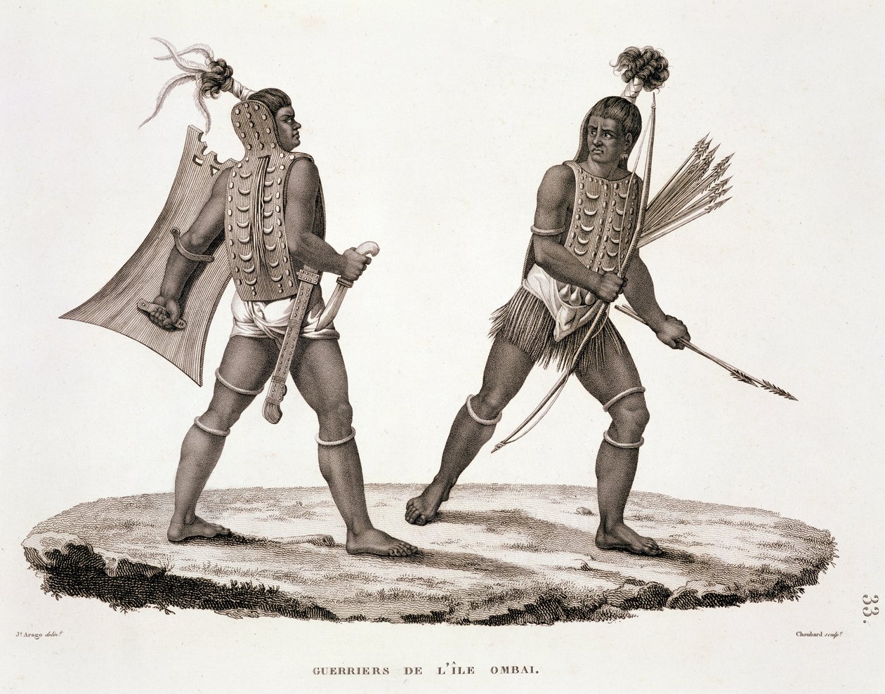 Harcosok Ombai szigetéről, Louis Claude Desaulses de Freycinet (1779-1842) "Voyage Autour du Monde (1817-20)" című művéből, Choubard metszete, megjelent 1822-24-ben. alkotó: Jacques Etienne Victor Arago