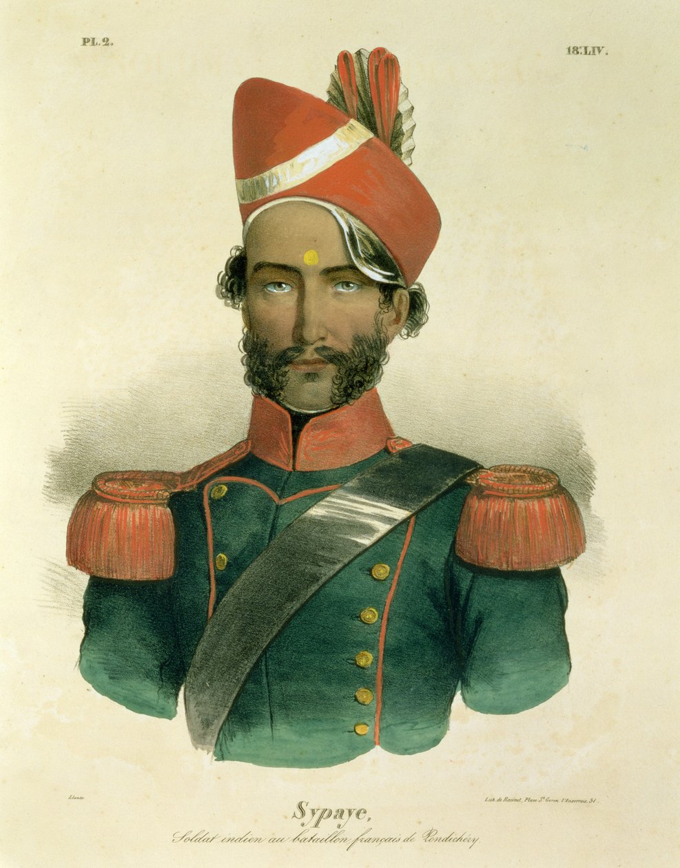 Egy szepoy: egy indiai katona a francia zászlóaljban Pondicherryben, Racinet metszete. alkotó: Jacques Francois Gauderique Llanta