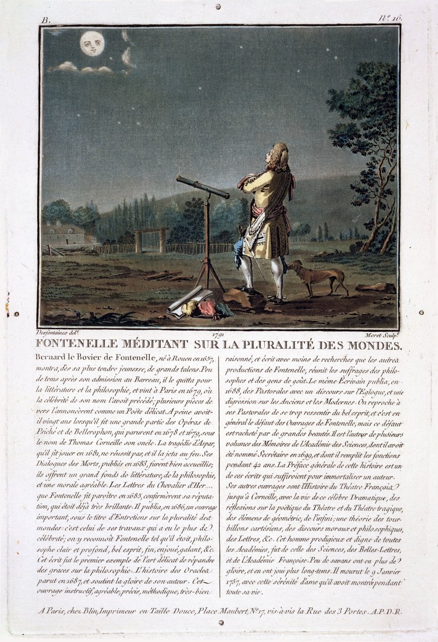 Bernard le Bovier de Fontenelle (1657-1757) a világok sokaságán elmélkedik, vésette Jean Baptiste Morret (fl.1790-1820), 1791 (lásd még: 251584) alkotó: Jacques Francois Joseph Swebach