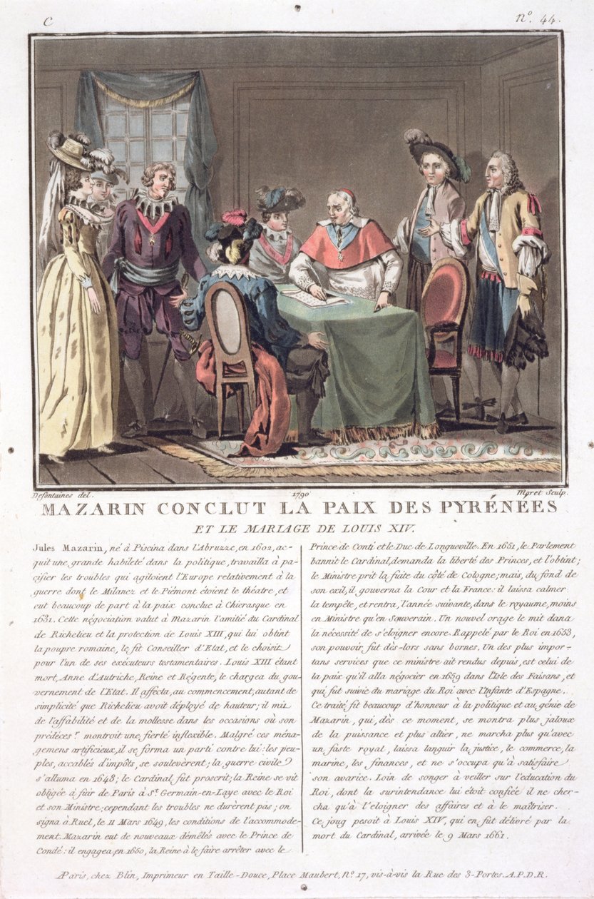Mazarin bíboros (1602-61) megköti az 1659-es pireneusi békét, amelyet Jean Baptiste Morret (fl.1790-1820) metszett, 1790 alkotó: Jacques Francois Joseph Swebach