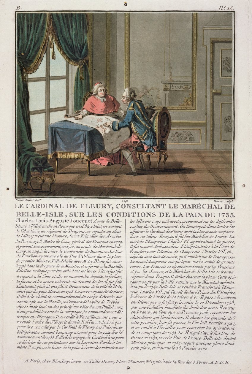 De Fleury bíboros (1653-1743) konzultál Marechal de Belle-Isle-lel (1684-1761) az 1735-ös béke feltételeiről, amelyet Jean Baptiste Morret (fl.1790-1820), 1791 vésett. alkotó: Jacques Francois Joseph Swebach