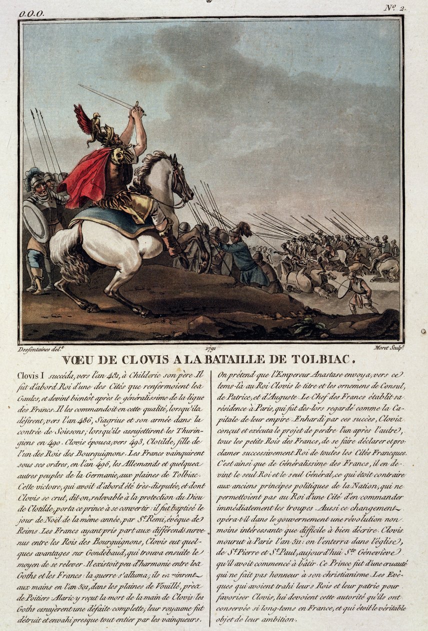 I. Clovis (466-511 körül) a tolbiaci csatában, i.sz. 496, vésette Jean Baptiste Morret (fl.1790-1820), 1791 alkotó: Jacques Francois Joseph Swebach
