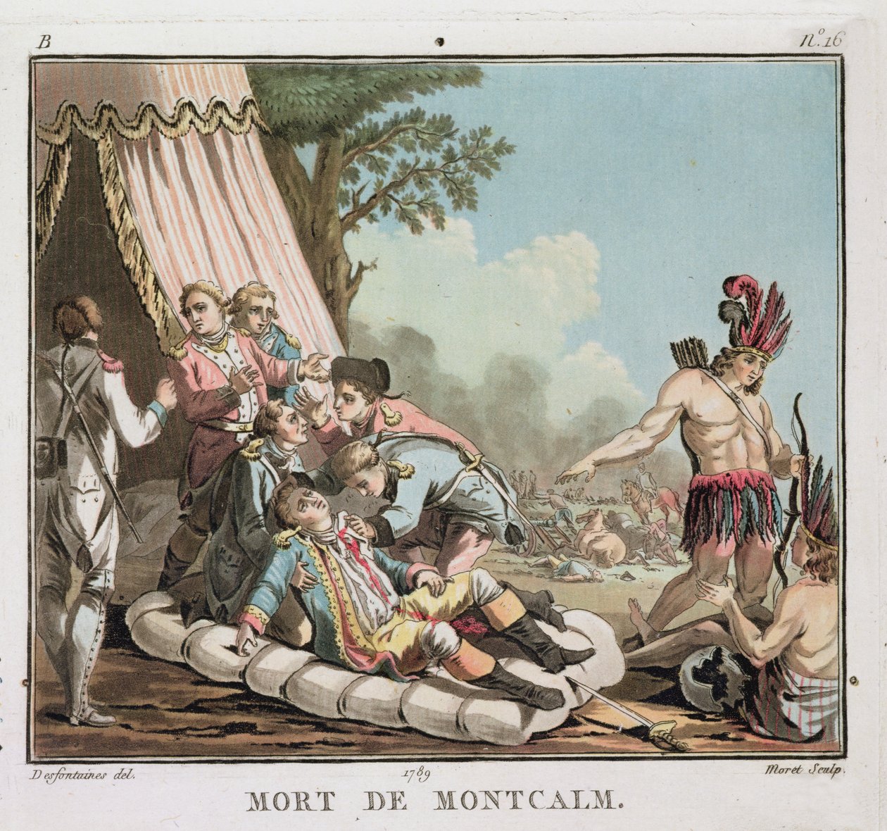 Louis Joseph de Montcalm halála Quebec ostrománál, 1759, vésette: Jean Baptiste Morret (fl.1790-1820), 1789 (színes litó) (lásd még: 139883) alkotó: Jacques Francois Joseph Swebach