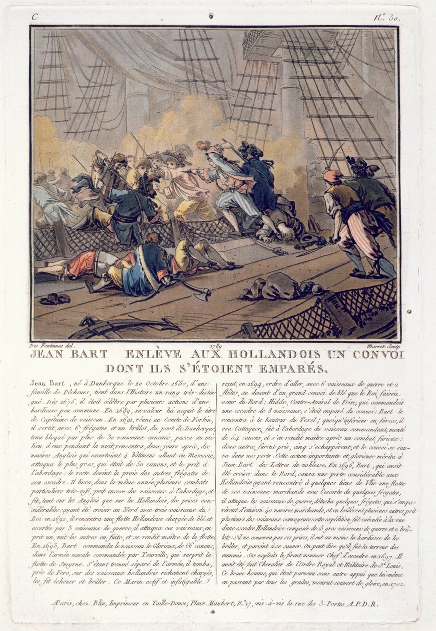 Jean Bart (1651-1702), francia haditengerészeti parancsnok, aki a holland konvojt fogadja, 1696, Jean Baptiste Morret (1790-1820) metszete, 1789. alkotó: Jacques Francois Joseph Swebach
