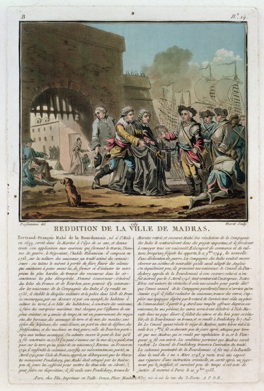 Madras város feladása, 1746, vésette Jean Baptiste Morret (f.1790-1820), 1789 alkotó: Jacques Francois Joseph Swebach