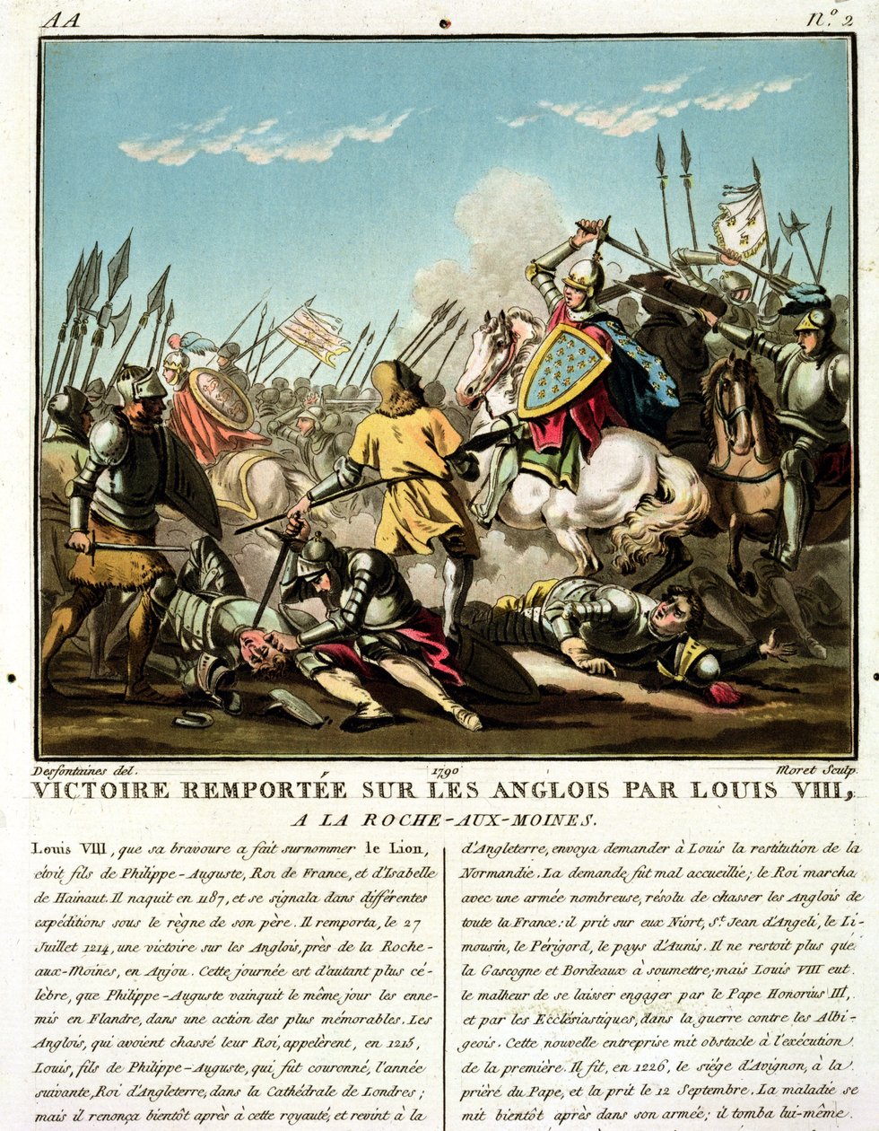 Lajos (1187-1226) győzelme az angolok felett La Roche aux-Moines-ban, vésette Jean Baptiste Morret (fl. 1790-1820), 1790 alkotó: Jacques Francois Joseph Swebach