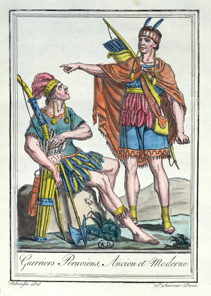 Ókori és modern perui harcosok, illusztráció az „Encyclopedie des Voyages”-ből, Labrousse metszete, 1796 alkotó: Jacques Grasset de Saint Sauveur