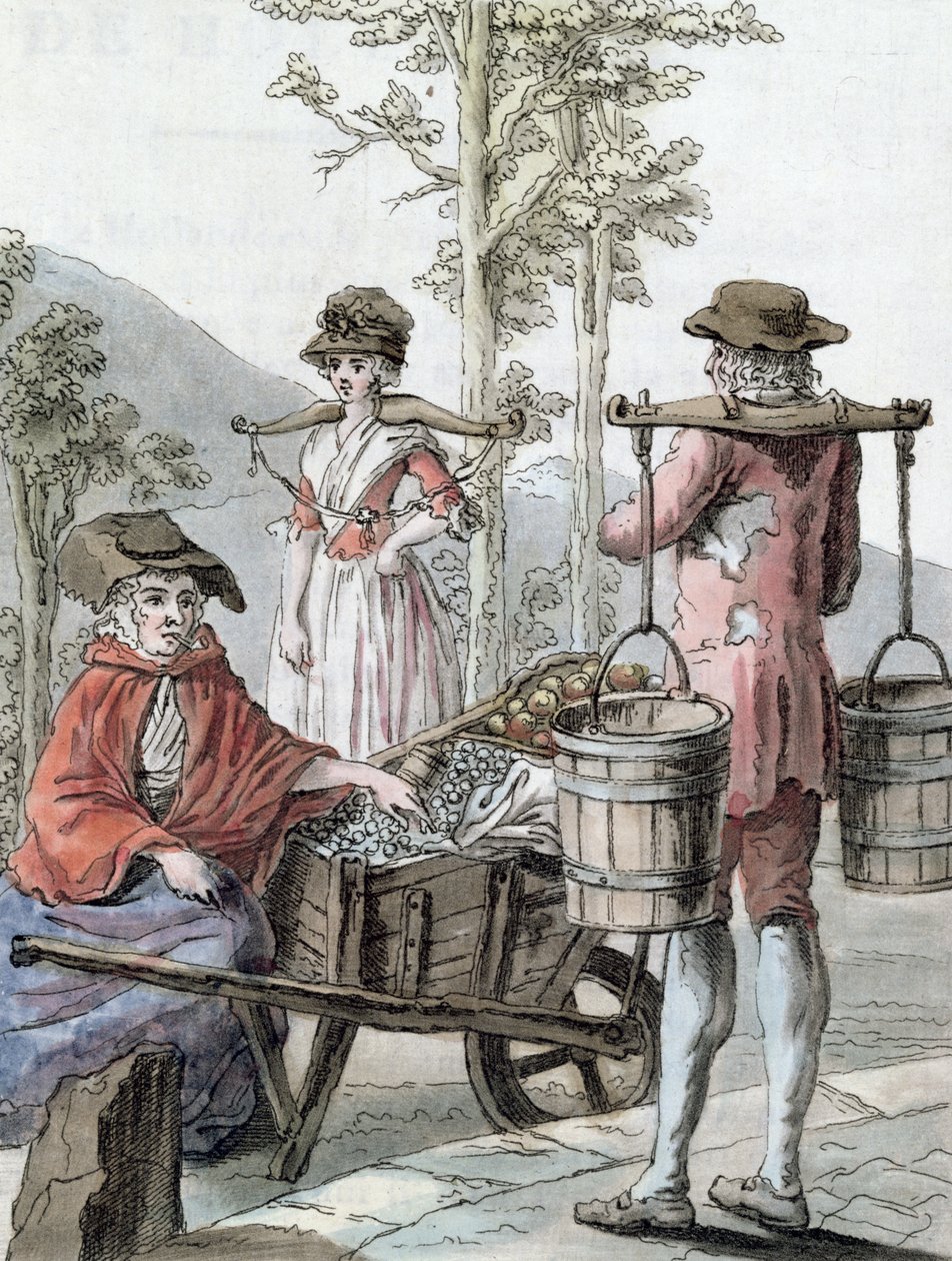 Angol parasztok, akik gyümölcsöt árulnak és tejet szállítanak, illusztráció az „Encyclopedie des Voyages”-ből, vésette Labrousse, 1796 alkotó: Jacques Grasset de Saint Sauveur